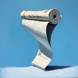 oil painting of a very thick roll of newspaper standing on end against a blue background, impressionist artwork