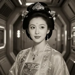 closeup photo of beautiful realistic Chinese ancient princess standing in the corridor in the space ship, attractive symmetrical face, big eyes and lips, subtle makeup, clean face and body skin,ecstatic face expression, ornamental jewelry and ancient translucent clothes, futuristic space ship interrior, wires with lights,depth of field, lens flare, moody lighting, moody photography, old photo, black and white, sepia, cinematic lighting, cinematic angle, editorial photography