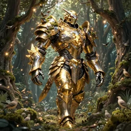 large walking mech covered in gold and silver armor with elden ring aesthetic, covered in moss and birds, glowing lights, beautiful forests and trees, intricate detail, epic wallpaper, art by darek zabrocki and John Park and Feng Zhu and Jason Chan, trending on artstation, masterpiece.