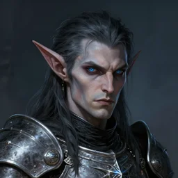 head and shoulders portrait of an eldrich knight, drow, dark elf, shadar kai, breastplate, magical, male, high fantasy, d & d, by miro petrov, face details, extremely detailed, digital illustration