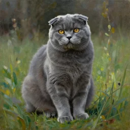 fat grey scottish fold sitting in a meadow, dark gray coat, expressive oil painting, by leonid afremov