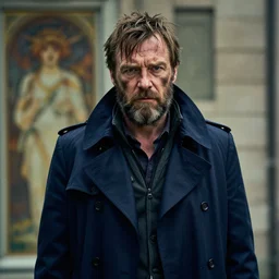 hugh laurie as a rough dirty old man with a scruffy beard in a dark blue trenchcoat as the new doctor who, cinematic, volumetric lighting, f 8 aperture, cinematic eastman 5 3 8 4 film, photorealistic by greg rutkowski, by stanley artgerm, by alphonse mucha