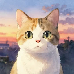 cat, watercolor, by makoto shinkai, highly detailed, sunset light