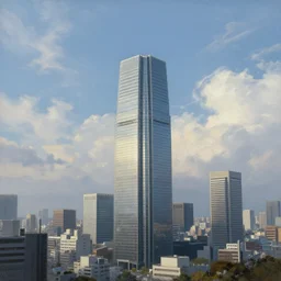 classicism painting of a gleaming skyscraper, cityscape, wispy clouds, Tokyo, pixiv