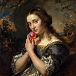 mary cradling a tootsie roll. renaissance oil painting