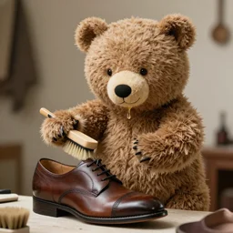 Teddybear is standing with brush in his hand, sweating a lot while polishing shoes, the bear also hold the shoe, looking at the shoe