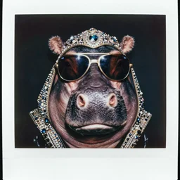 super awesome head to shoulder portrait colored polaroid film photograph of a hippo wearing aviator shades. wearing bling from the hood. super classy. stylish. super resolution. extremely detailed. polaroid 6 0 0 film. by annie leibovitz and richard avedon