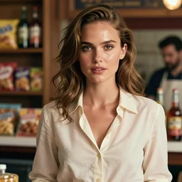 Nathalie Portman as a glamorous and sexy snack employee in blouse, beautiful, pearlescent skin, natural beauty, seductive eyes and face, elegant girl, natural beauty, very detailed face, seductive lady, full body portrait, natural lights, photorealism, summer vibrancy, cinematic, a portrait by artgerm, rossdraws, Norman Rockwell, magali villeneuve, Gil Elvgren, Alberto Vargas, Earl Moran, Enoch Bolles