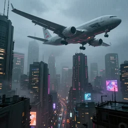 i, a detailed cyberpunk city, mist, rain, neon light, giant aircrafts, 8k, high definition, trending on artstation