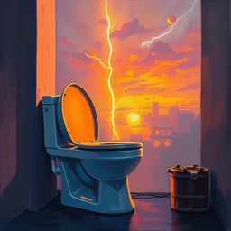 simple oil painting of gaming rtx rgb toilet by razer, volumetric lightning, very sunny weather, sunset, positive vibes, soft brush, trending on artstation, detailed, davinci, vermeer, rembrandt, very beautiful