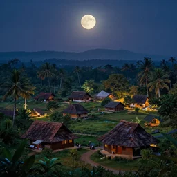 moonlit kerala village, sharp focus, trending on ArtStation, masterpiece, by Greg Rutkowski, by Ross Tran, by Fenghua Zhong, octane, soft render, ultrarealistic, colorful, cinematic, horizon forbidden west