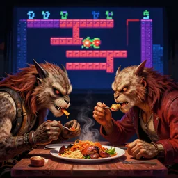 predator eating dinner gameplay still frame, 4 colors, pixel art, retro, splash screen, level design, high contrast, background, deep focus, highly detailed, dramatic lighting, digital painting, artstation, concept art, matte, greg rutkowski, moebius, illustration.