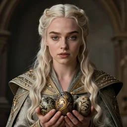 rhaenys targaryen, clutching dragon eggs, upper body portrait