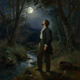 classical painting of a man standing in the forest by a creek, looking up at the moon, beautiful lighting