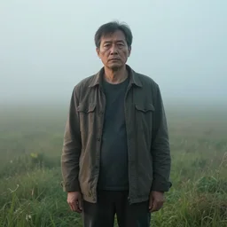 a cinematic portrait of a middle aged male stood in a fog filled field, ultra realistic, depth, beautiful lighting