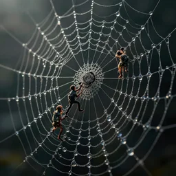 Tiny humans climbing on a spiders web, dewdrops, macro, dramatic lighting, cinematic, establishing shot, extremely high detail, foto realistic, cinematic lighting, post processed, concept art, high details, cinematic, 8k resolution, beautiful detailed, photorealistic, digital painting, artstation, concept art, smooth, sharp focus, artstation trending, octane render, unreal engine