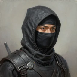 hooded ninja, oil painting, portrait, intricate complexity, rule of thirds, character concept, dramatic lighting, complementary colors