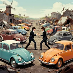 highly detailed illustration of a bunch of volkswagen beetles and the british group the beatles battling on a junkyard battleground, color restoration