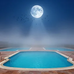 swarm of birds, blue moon, vintage swimming pools, fog, moon rays through the fog, night sky, violet stars, deep blue mood, contemporary archival color photograph print from the original negative, by stanley kubrick
