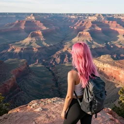 a photo of a young woman with long pink hair looking at grand canyon, hiking clothes, tank top, backpack, arizona, grand canyon in background, cinematic, beautiful, stunning, morning, epic, 8 k