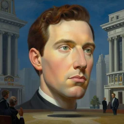 the giant head of nathan fielder hovering above the futurological congress, painted by james jean and rene magritte