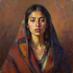 detailed portrait in daring femininity, arctic ethnic, statuesque, confident realistic face, warm glow, bathed in morning light, chiaroscuro, painterly, radiosity, impressionism, textiles color medley, warm earthy natural color scheme with contrasting highlights, modern fashion, contemporary art, deep rich hues, oil on canvas