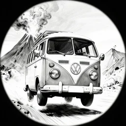 a black and white caricature drawing of a vw volkswagen bus, camper, bulli, type - 2, microbus, kombi, flying towards the camera, jumping at the viewer, dynamic action shot, fish eye lense, frontal, a dramatically erupting vulcano is seen in the background