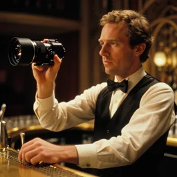 photoreal close up cinematography of joe turkel playing lloyd the bar tender from stanley kubrick's film the shining, bartending inside the elstree studios soundstage set for the overlook hotel goldroom bar shot on 3 5 mm eastman 5 2 4 7 film by the shining cinematographer john alcott shot on a cooke panchro 6 5 mm macro lens