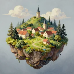 floating pastoral island over a hilly European city, trending on art station, oil painting, concept art