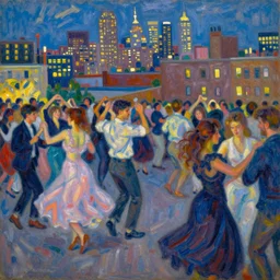 renoir painting impressionist exhibition. close detail shot of vivacious joyful atmosphere popular dance new york rooftop twilight. the study of the moving crowd, bath natural and artificial light, handled using vibrant, brightly coloured brushstrokes. a somewhat blurred impression scene. portrayal gen z. foreground in shadow. 5 0 mm lens. focus. perspective. skyline background. city lights.