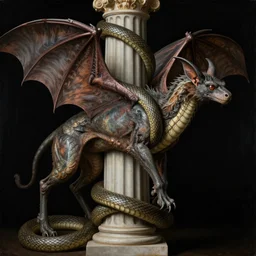detailed realistic renaissance painting of a chimera with bat wings and the body of a snake coiling around a column on a black background, hig quality, no blur, 4 k
