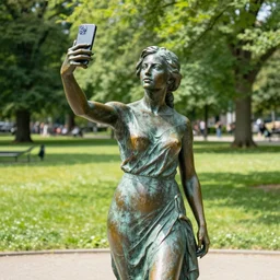 photo still of a bronze statue of a woman using an iphone to take a selfie, in a park on a bright sunny day, 8 k 8 5 mm f 1 6