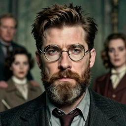 detailed portrait of bearded john krasinski in circular wireframe glasses, cursed, 1 9 5 0's, scruffy man, magnificent, photographic realistic background, by james gilleard, by joe fenton, by kaethe butcher, trending on instagram, award winning details