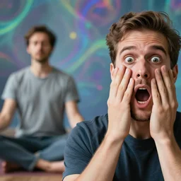 man meditating in the left and Close Up of panicking man With eyes wide Open having a Panik Attack in psychedelics