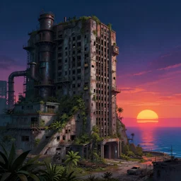 a beautiful hyperdetailed illustration of industrial architecture urbex building architecture consulate abandoned nature by etel adnan, evil sunset sea retrowave myst tokyo san andreas thermal vision fantasy futuristic liberty city junglepunk at night landscape, archdaily, wallpaper, highly detailed, trending on artstation.