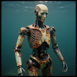 a photograph of a robot endoskeleton augmented with a humanoid nervous system submerged and rusted in the water, cinematic, volumetric lighting, f 8 aperture, cinematic eastman 5 3 8 4 film, photorealistic by greg rutkowski, by stanley artgerm, by alphonse mucha