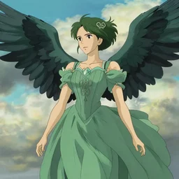 harpy woman, green feathery hair, elegant flowing dress, detailed face, exquisite details, mid view, wings outstretched, cloudy sky background, by studio muti, greg rutkowski makoto shinkai takashi takeuchi studio ghibli