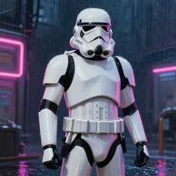 detailed painting, stormtrooper standing in the rain, neon lights featured on artstation, cinematic lighting, kashin, wadim