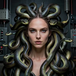 Medusa, Natalie Portman, lots of snakes, portrait,  very detailed, dramatic lighting, electrical details, high details, 4k, 8k, trending on artstation, by Greg Rutkowski, Wayne Barlowe, Hajime Sorayama and Boris Vallejo