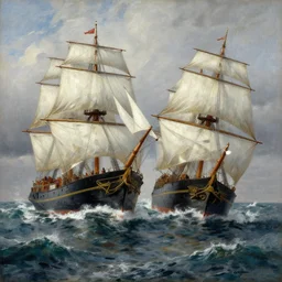a painting of two ships fighting on a tumultuous sea by greg rutkowski, extremely detailed, 8 k, trending on artstation