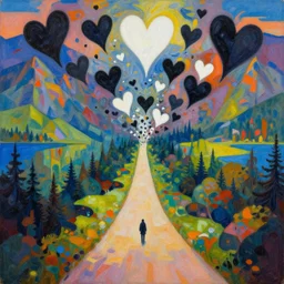 a collision of exploding black hearts and white hearts in abstract form of an endless lonely long and winding path through a fantasy forested mountains and lakes landscape, vivid vibrant geometric art nouveau. trending on pixiv and artstation. an absurdly detailed oil painting