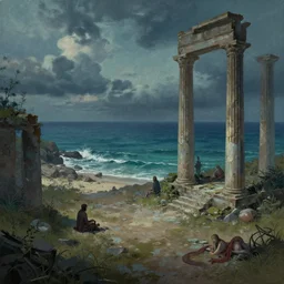 digital 2 d, traditional paint, mixed media, concept art, illustration, environmental concept art & design, ruins, coast, ocean, sea, beach, remains, greek, pillars, vagrants, forest of liars, twilight, clouds, sky, coastline, sylvain sarrailh, concept art for forest of liars