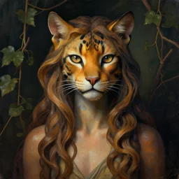 detailed portrait in femininity, shaman, feline, realistic face chiseled features, specular eyes, ethnic, statuesque model, natural skin, flowing ruffled hair, warm glow, subsurface scattering, avant garde fashion, chiaroscuro, organic impressionism, vine backdrop, deep rich color, digital illustration