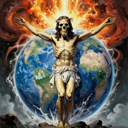 ultrarealistic comic painting of a skull face Jesus Christ standing tall with the earth sphere in background, drowning into thermonuclear blast mushroom, praying for peace