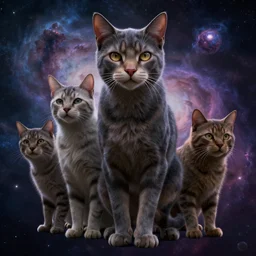 energy cats in space, nebula in background, by lovecraft, details face, detailed body, realistic body proportions, unreal engine, by popular digital artist, digital, artstation, detailed body, heavenly atmosphere, digital art, overdetailed art, trending on artstation, cgstudio, the most beautiful image ever created, dramatic, award winning artwork, beautiful scenery