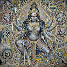 A cinematic full-length portrait of the colossal Indian Hindu demon Satan goddess of death, by Rembrandt van Rijn, by Wayne Barlowe, by Paul Lehr, by Bruce Pennington, by Zdzisław Beksiński, oil on canvas, masterpiece, trending on artstation, featured on pixiv, cinematic composition, dramatic pose, beautiful lighting, sharp, details, details, hyper-detailed, no frames, 8K