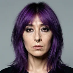 photo of yoko ono in 1 9 7 4 with dyed purple hair, face tattoos, and face peircings