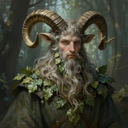 patrick rothfuss as a forest druid with ram horns and leaves in his beard, dreamy and ethereal, fantasy, intricate, elegant, highly detailed, digital painting, artstation, concept art, smooth, sharp focus, illustration, art by artgerm and greg rutkowski and donato giancola