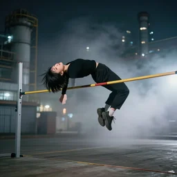 a young woman in black clothes, short black hair, lands from a high jump on the ground in an industrial city at night. fog billows around her from the landing