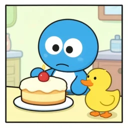 short cartoon strip, blue cute robot bakes a cake for this friend the yellow duck, by bill watterson